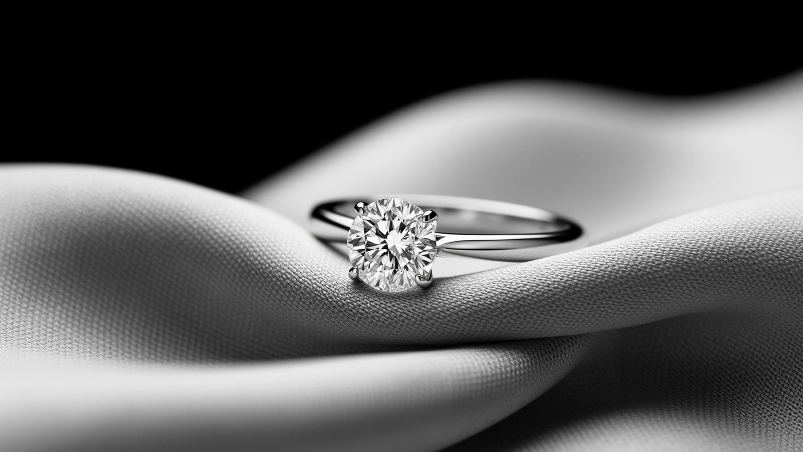 A round brilliant lab-grown diamond solitaire in silver, resting on grey silk