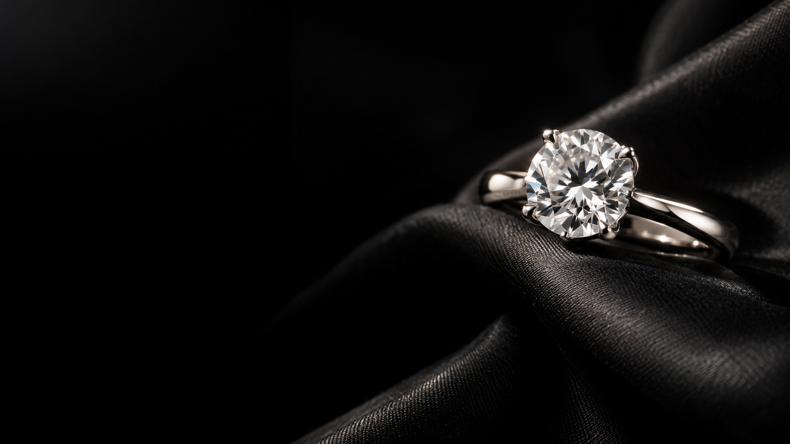 A round brilliant lab-grown diamond solitaire in silver, resting on grey silk